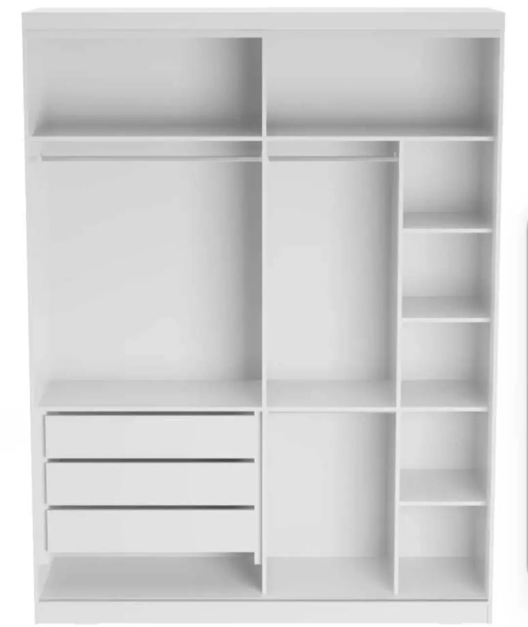 Interior de roupeiro branco com gavetas e prateleiras